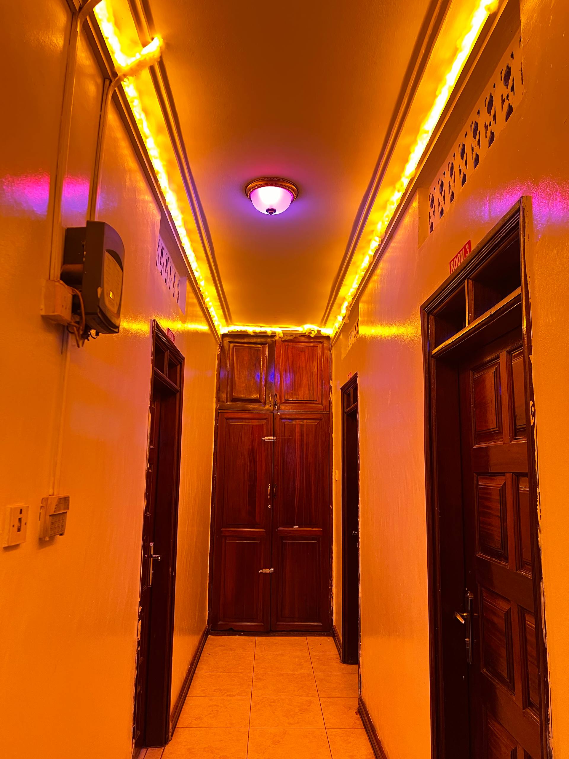 Illuminated guest house corridor